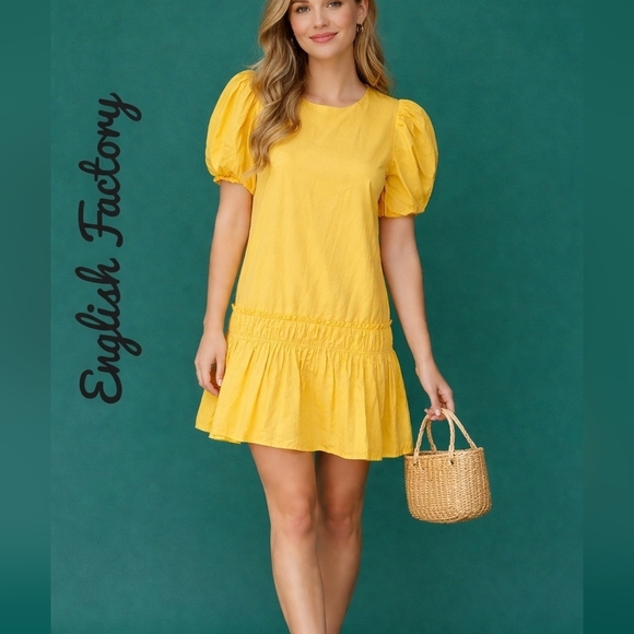 English Factory Dresses & Skirts - ENGLISH FACTORY Canary Yellow Puff Sleeve Ruffled Drop Waist Mini Dress